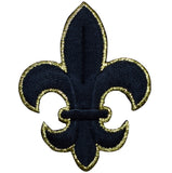 A black and metallic gold embroidered fleur de lis patch with an iron on application.