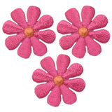 Three embroidered fuchsia pink daisy applique patches with an iron-on backing.
