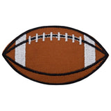 A large embroidered patch in the shape of a football, designed as a sports badge. It is primarily brown with white stitching details, and has a black outer edge.