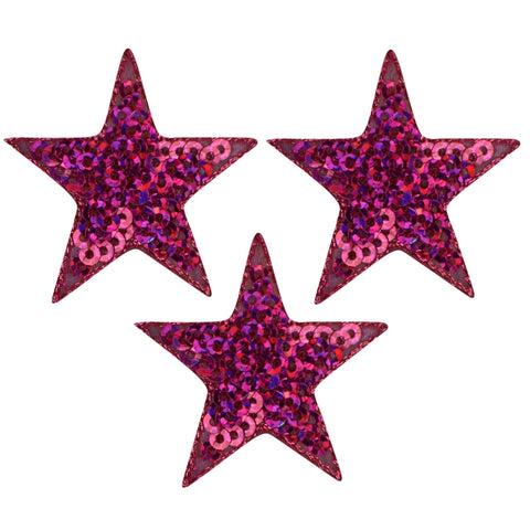 Sequin Star Applique Patch - Fuchsia, Pink Badge 1.5" (3-Pack, Iron on)