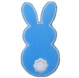 Simple, vertical embroidered patch in the shape of a blue bunny viewed from the back, featuring a small white circular bunny tail.