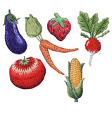 A collection of embroidered patches in the shapes of various fruits and vegetables including an eggplant, tomato, strawberry, carrot, and radish.