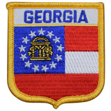 A shield-shaped embroidered patch with the Georgia state name and emblem, featuring red, white, blue, and gold colors.