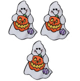 Three embroidered patches depicting a ghost holding a pumpkin with a jack-o'-lantern face, designed as a Halloween decoration.