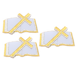 Three embroidered patches depicting a cross and an open Bible, symbolizing Christianity and baptism, with an iron-on application.