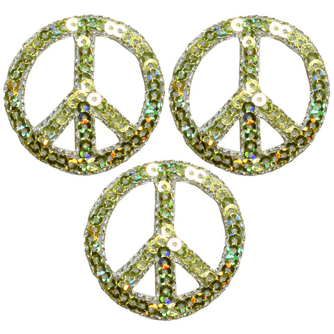 Gold Peace Sign Applique Patch - Sequin World Peace Badge 1.5" (3-Pack, Iron on)