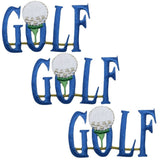 Three embroidered patches with the word 'GOLF' in blue letters, each letter featuring a golf ball on a tee, arranged horizontally.