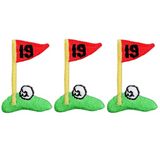 Three embroidered patches depicting a mini golf scene with a putting green, a red flag with the number 19, and a golf ball. Each patch is intended for iron on application.