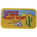 A patch with the text 'I SURVIVED THE GREAT MOJAVE DESERT' and an illustration of a California cactus against a desert backdrop.