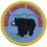 A round embroidered patch featuring an image of a black bear and the text 'GREAT SMOKY MOUNTAINS'.