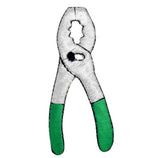 An embroidered patch depicting a pair of pliers with green handles on a white background, designed as an applique patch for ironing onto fabric.