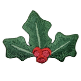 Embroidered green holly leaves with red berries patch, designed as a Christmas decoration.