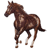 An embroidered patch depicting a horse featuring a brown color with white and dark brown patterns.