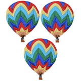 Three colorful embroidered patches depicting hot air balloons with chevron stripes pattern
