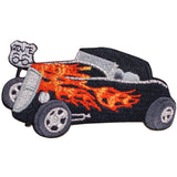 Embroidered patch of a hot rod car with flames on a white background