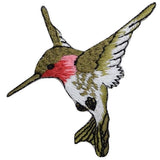 A patch depicting a green and red hummingbird facing left with high-quality embroidery.