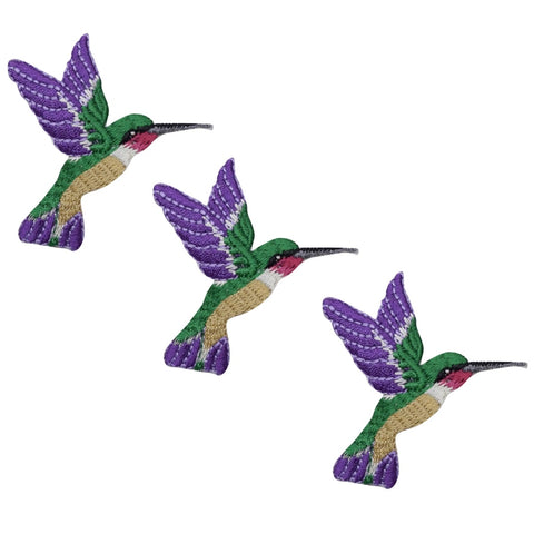 Mini Hummingbird Applique Patch - Facing Right, Purple/Green Bird 1.25" (3-Pack, Iron on)