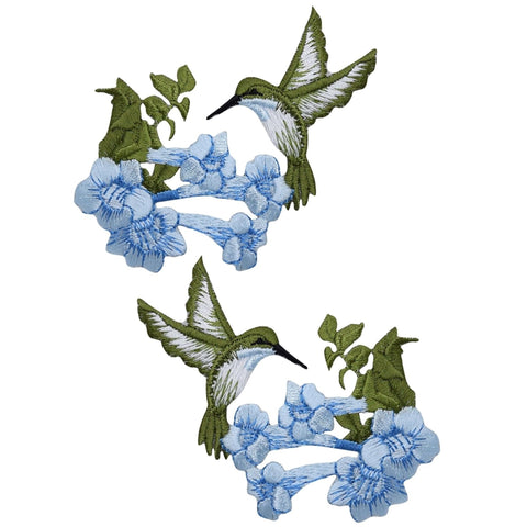 Hummingbird Applique Patch - Blue Flowers, Bird Badge 3.5" (2-Pack, Iron on) - Patch Parlor