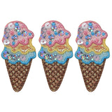Three embroidered patches shaped like ice cream cones with colorful toppings and brown cones, arranged side by side.