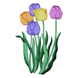 A colorful embroidered patch depicting a group of tulips in purple, orange, and yellow.