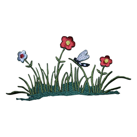 Dragonfly Applique Patch - Flowers, Tall Grass, Insect Badge 4.25" (Iron on) - Patch Parlor