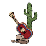 A patch featuring a cactus, a guitar, and a cowboy hat 