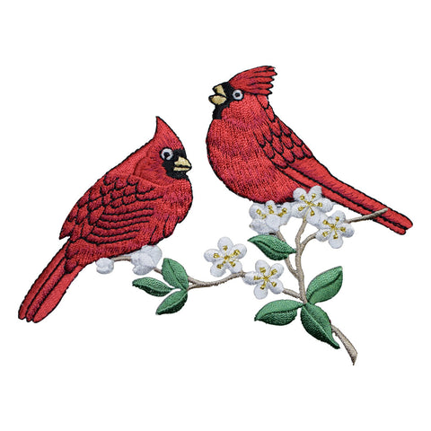 Two Cardinal Birds Applique Patch - Branch, Flowers 5.25" (Iron on) - Patch Parlor