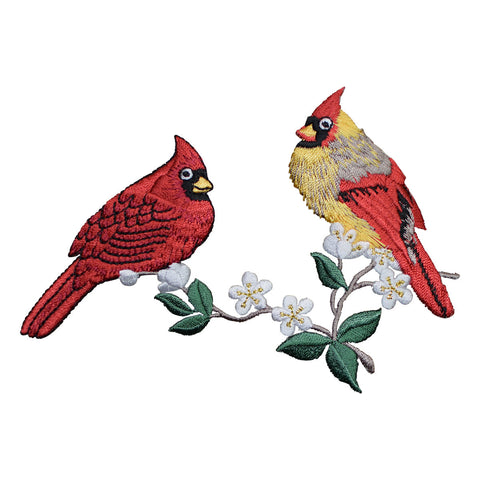 Two Cardinal Birds Applique Patch - Branch, Flowers 5.25" (Iron on) - Patch Parlor