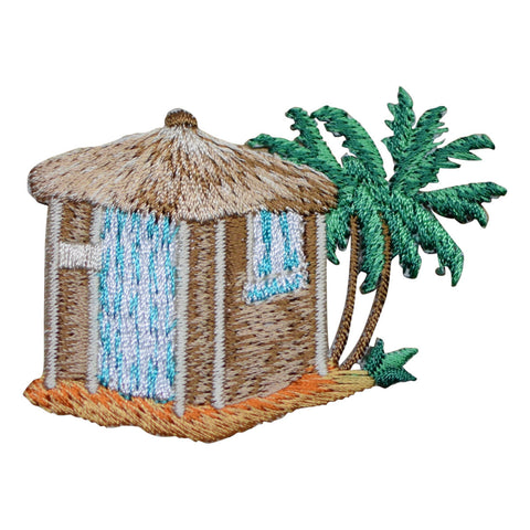 Beach Hut Applique Patch - Thatch Roof, Palm Trees, Sandy Beach 2.75" (Iron on) - Patch Parlor
