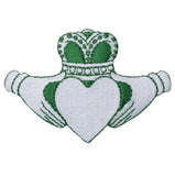 A green and white embroidered patch featuring the Claddagh symbol with a heart and crown.