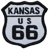 Embroidered Kansas Route 66 shield patch with black text on a white background.
