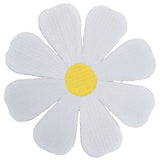 A large white daisy applique patch with a yellow center, designed to be ironed onto fabric.