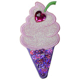 A large ice cream cone applique patch with heart and sequin details, primarily in pink and purple colors, designed to be ironed onto fabric.