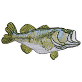 An embroidered patch shaped like a Bass fish, featuring a mottled pattern of olive green, white, and light blue stitching. The fish has an open mouth and green fins.