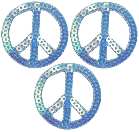 Light Blue Peace Sign Applique Patch - Sequin Hippie Badge 1.5" (3-Pack, Iron on)