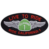 A patch with the text 'LIVE TO RIDE' and 'RIDE CALIFORNIA 1' with a graphic of wings and the number 1, predominantly red, white, and green colors.