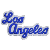A patch with the text 'Los Angeles' embroidered in blue with a white outline on a white background.
