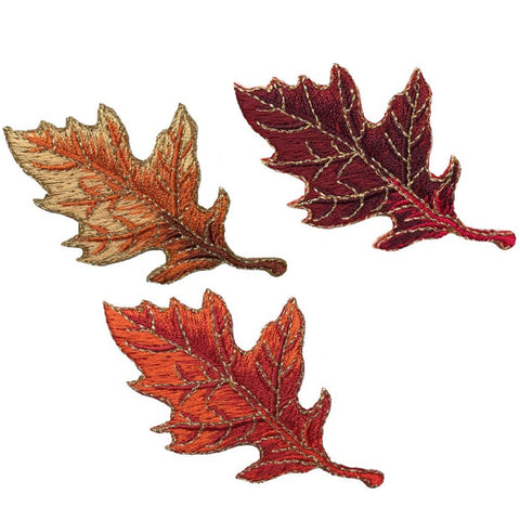 Autumn Fall Leaf Applique Patch - Orange, Tan, Burgundy Oak Leaf 2-7/8" (3-Pack, Iron on) - Patch Parlor
