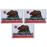 Three small California flag embroidered patches with the California Republic bear and star emblem