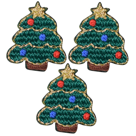 Mini Christmas Tree Applique Patch - Lights Gold Garland 7/8" (3-Pack, Iron on)