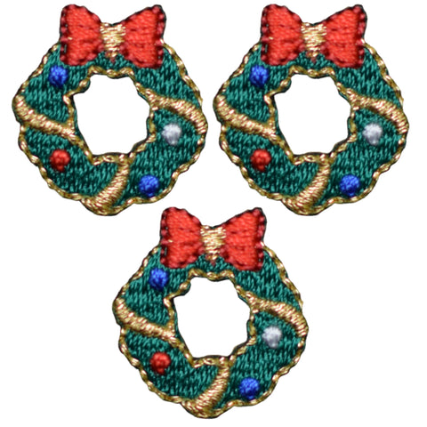 Mini Christmas Wreath Applique Patch - Red Bow, Ornaments 7/8" (3-Pack, Iron on) - Patch Parlor