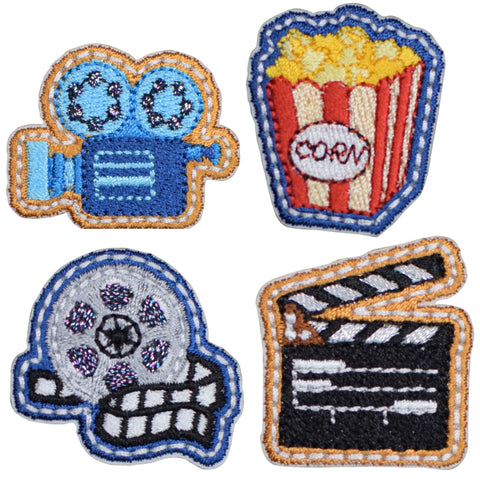 Mini Movie Theme Applique Patch Set - Theater Cinema Popcorn (4-Pack, Iron on) - Patch Parlor