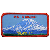A patch featuring an embroidered image of Mount Rainier with the text 'MT. RAINIER 14,411 Ft' on it.