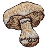 Embroidered patch depicting a brown mushroom with a textured cap and stem on a white background.