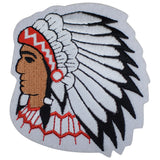 An applique patch depicting a Native American Indian with a headdress design, predominantly black with red and white details.