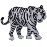 A two-dimensional embroidered patch depicting a white tiger in a walking pose.