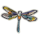 A colorful embroidered patch depicting a dragonfly with an iron-on backing.