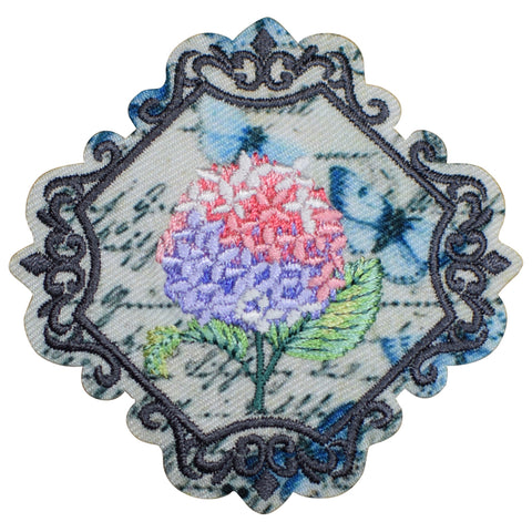 Hydrangea Applique Patch - Flower, Bloom, Gardening, Butterfly 2.25" (Iron on) - Patch Parlor