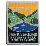 A rectangular patch featuring an embroidered landscape with a bridge over a river, and the text 'New River Gorge National Park and Preserve'.