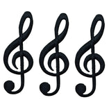 Three black embroidered G clef musical note applique patches on a white background.